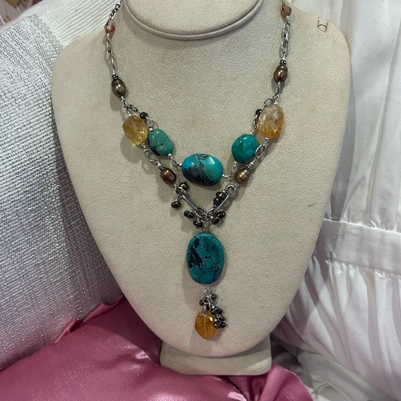 Tres Jolie Turquoise & Semi Precious & Swarovski Crystal Necklace-Boutique